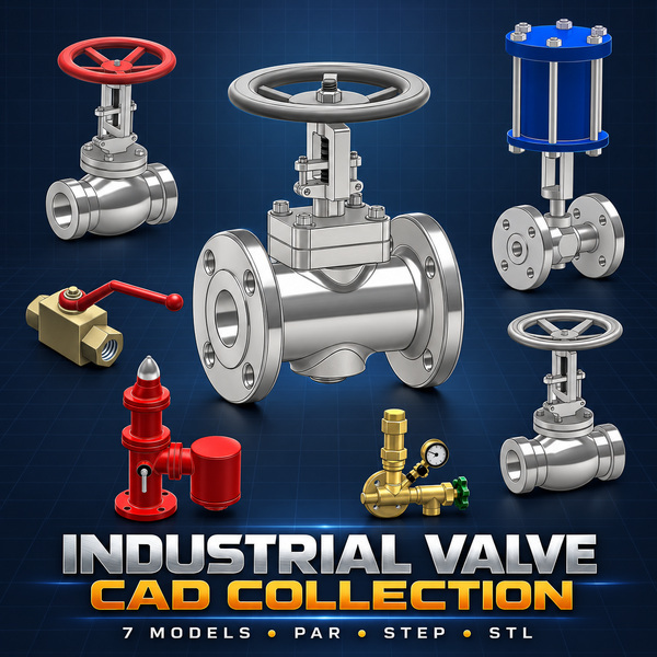 Seven industrial valve CAD models shown together